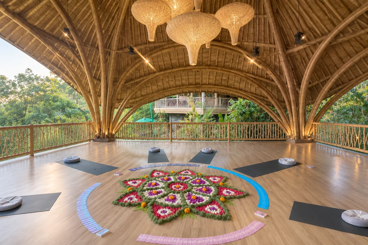 Yoga mats arranged around a colorful floral pattern on a timber floor inside an open bamboo pavilion