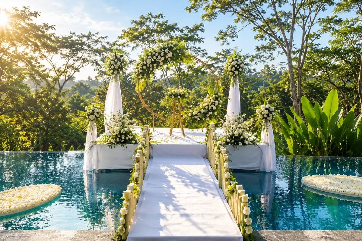White walkway across a pool leading to a floral ceremony arch with white fabric and surrounding trees