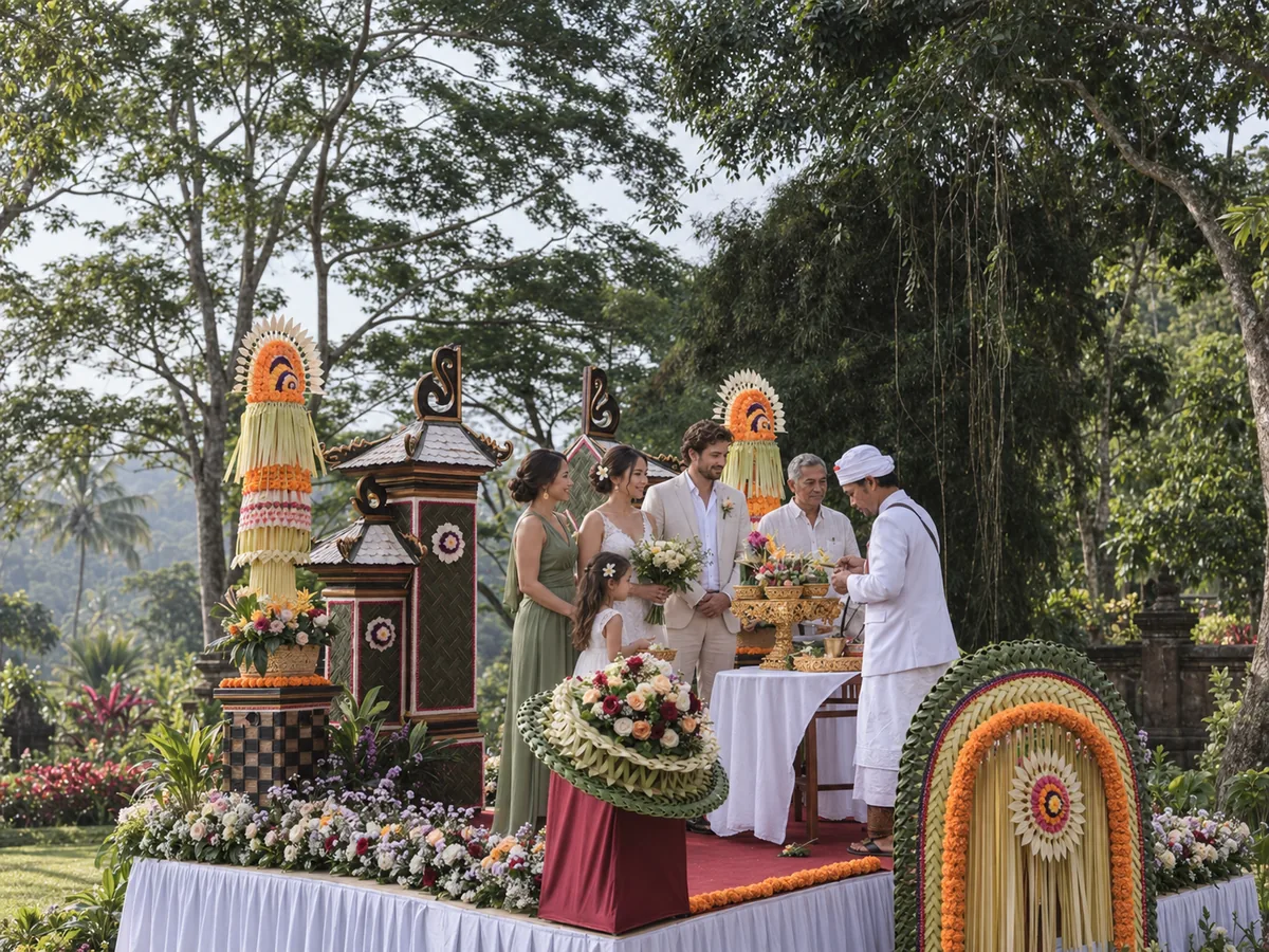 People in ceremonial clothing gathered beside flowers and a decorated table in a tropical garden