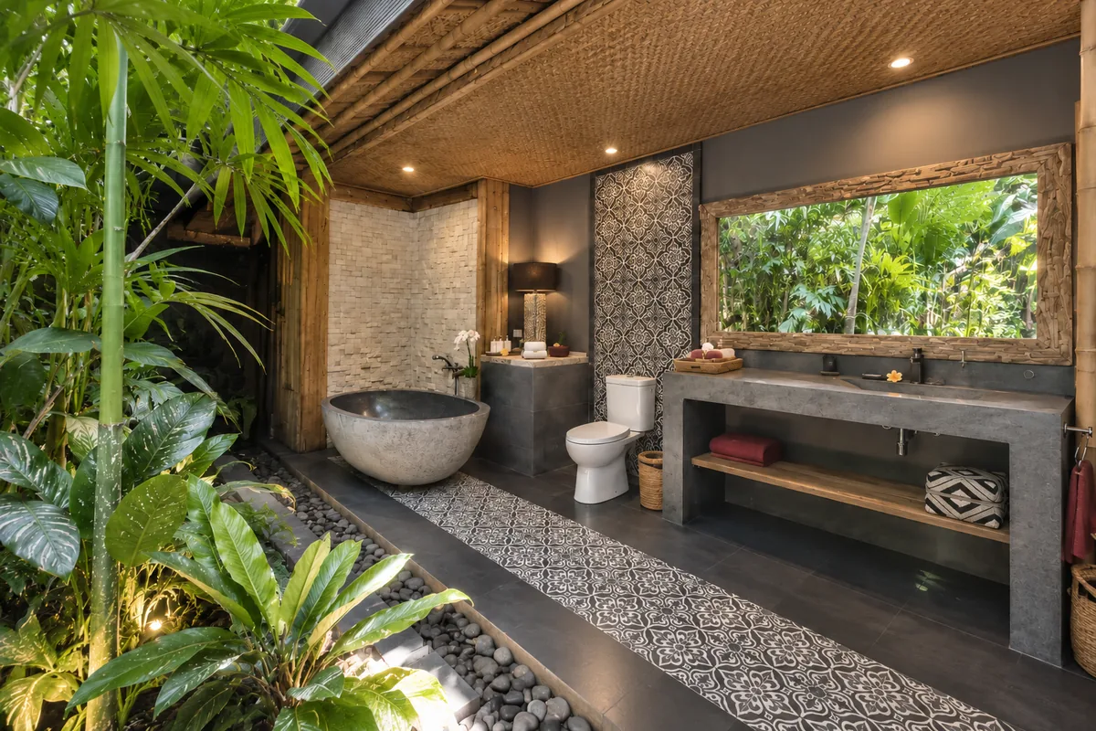 Open-sided bathroom with a stone bathtub, toilet and long vanity alongside lush tropical planting