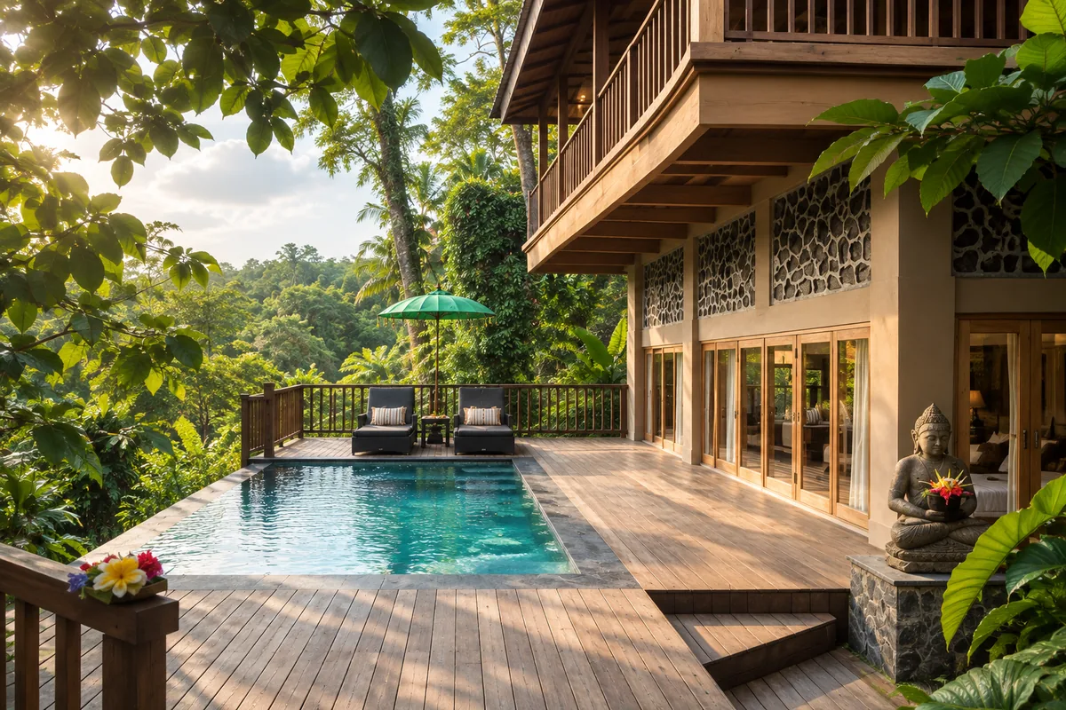 Swimming pool beside a timber deck and two-story building, framed by sunlit foliage