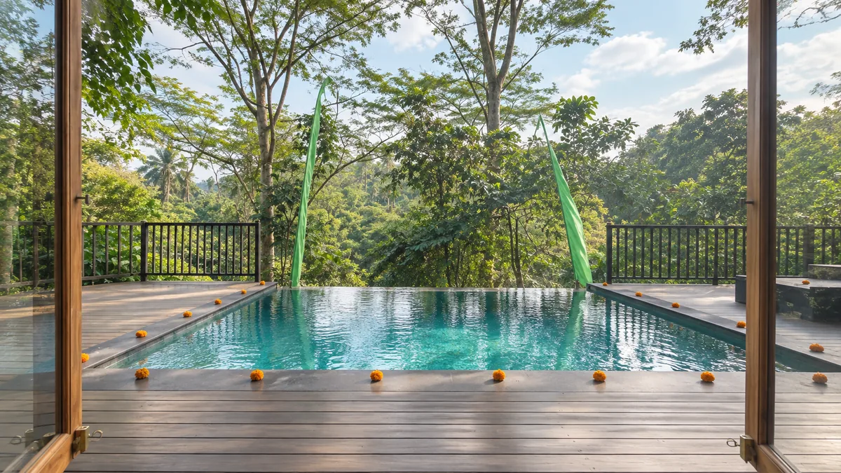 Swimming pool viewed through open timber doors, with flower petals along the deck and trees beyond