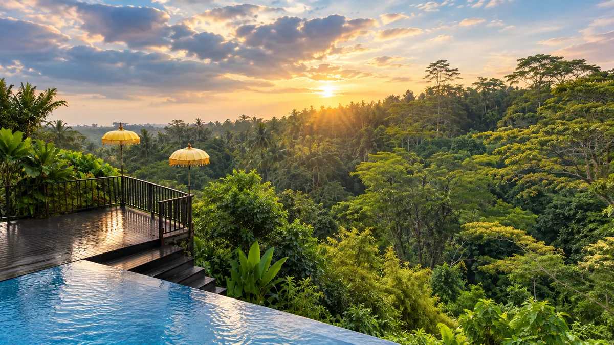 Infinity pool and a timber deck overlooking dense tropical forest beneath a golden evening sky