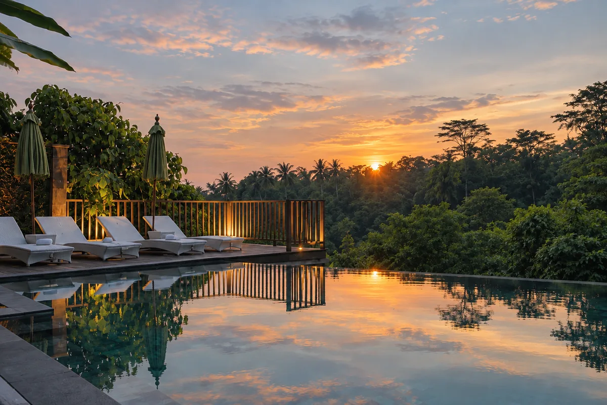 Orange sunset reflected in an infinity pool beside loungers, closed umbrellas and a forested horizon