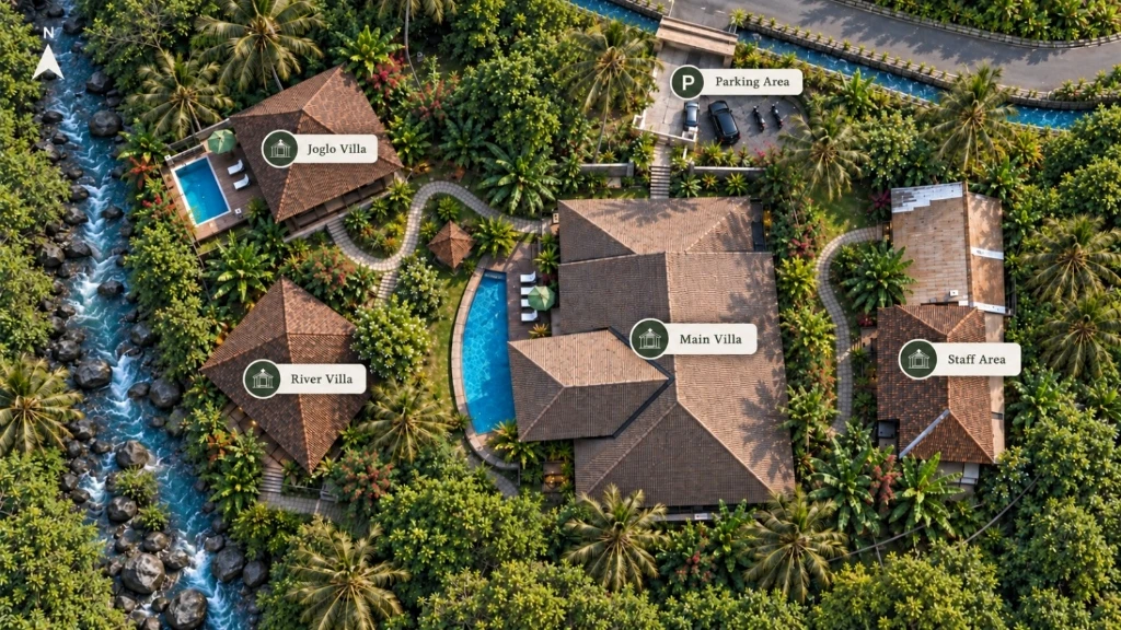 Aerial map of The Manipura Estate showing Joglo Villa, River Villa, Main Villa, swimming pools and tropical gardens