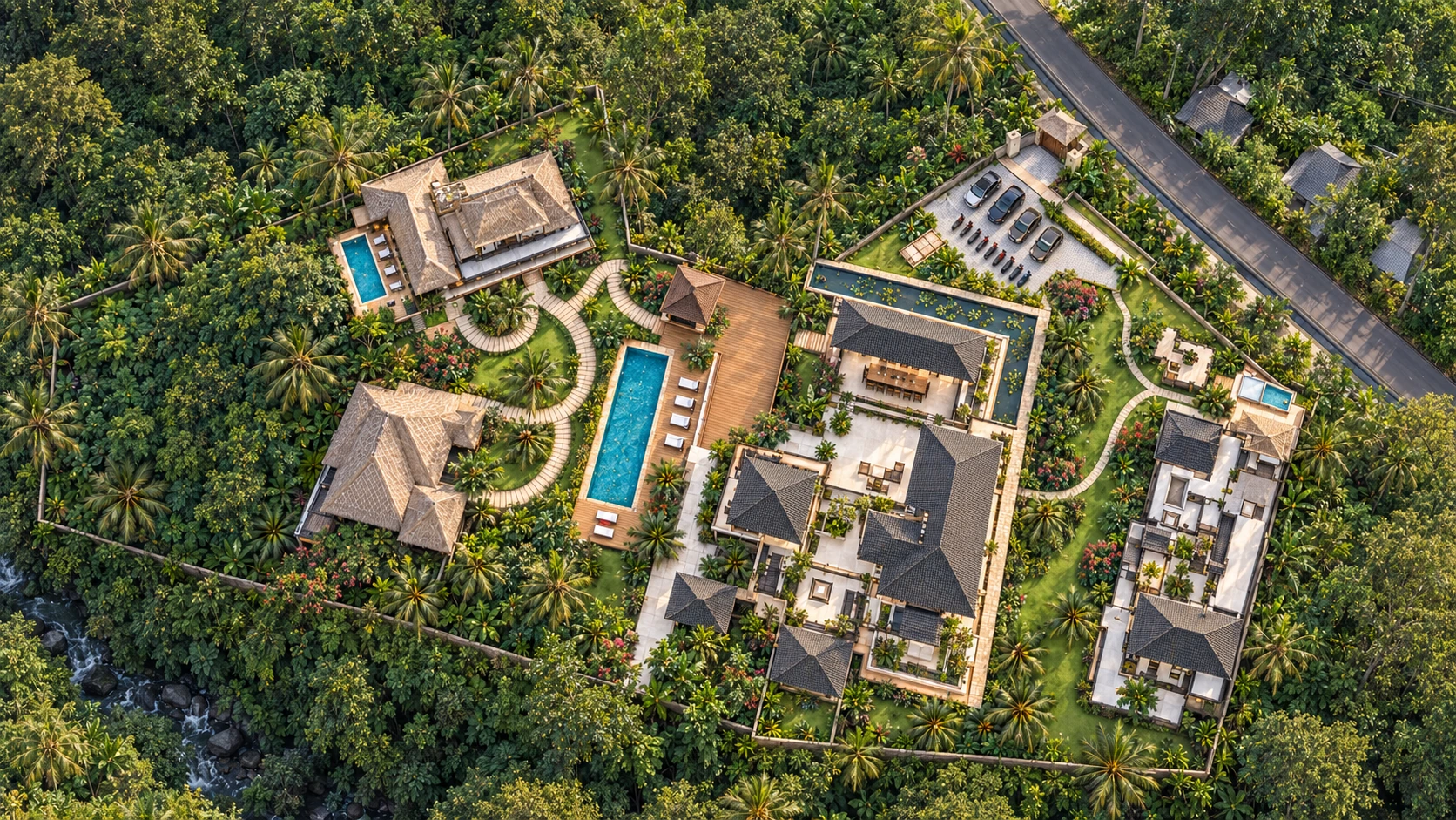 Aerial visualisation of The Manipura Estate showing its private buildings, pools, sun deck and tropical gardens