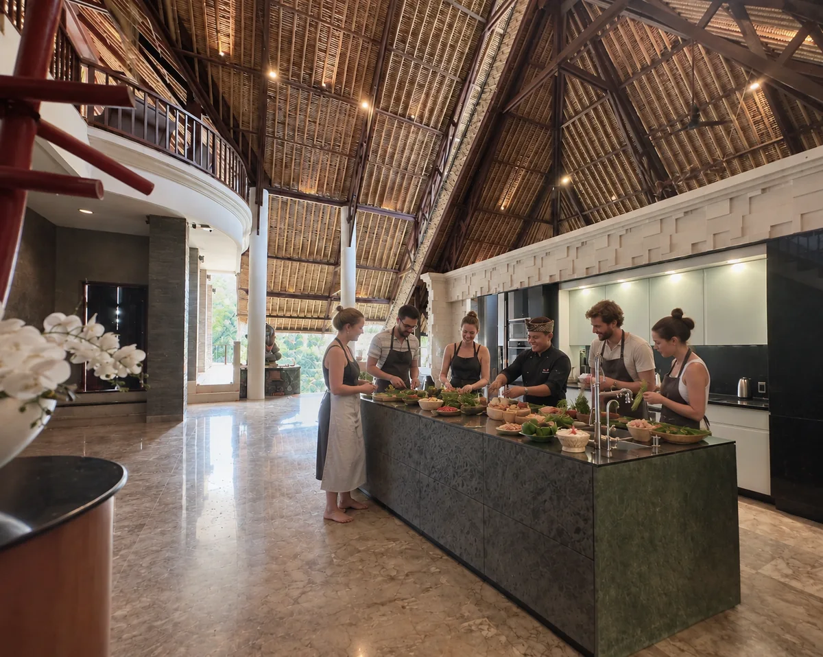 Guests preparing food together around a large kitchen island beneath a thatched roof