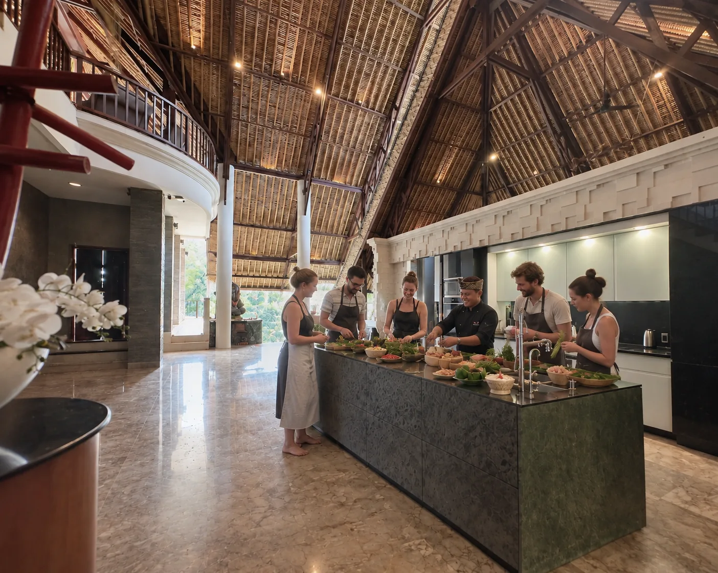 Guests preparing food together around a large kitchen island beneath a thatched roof