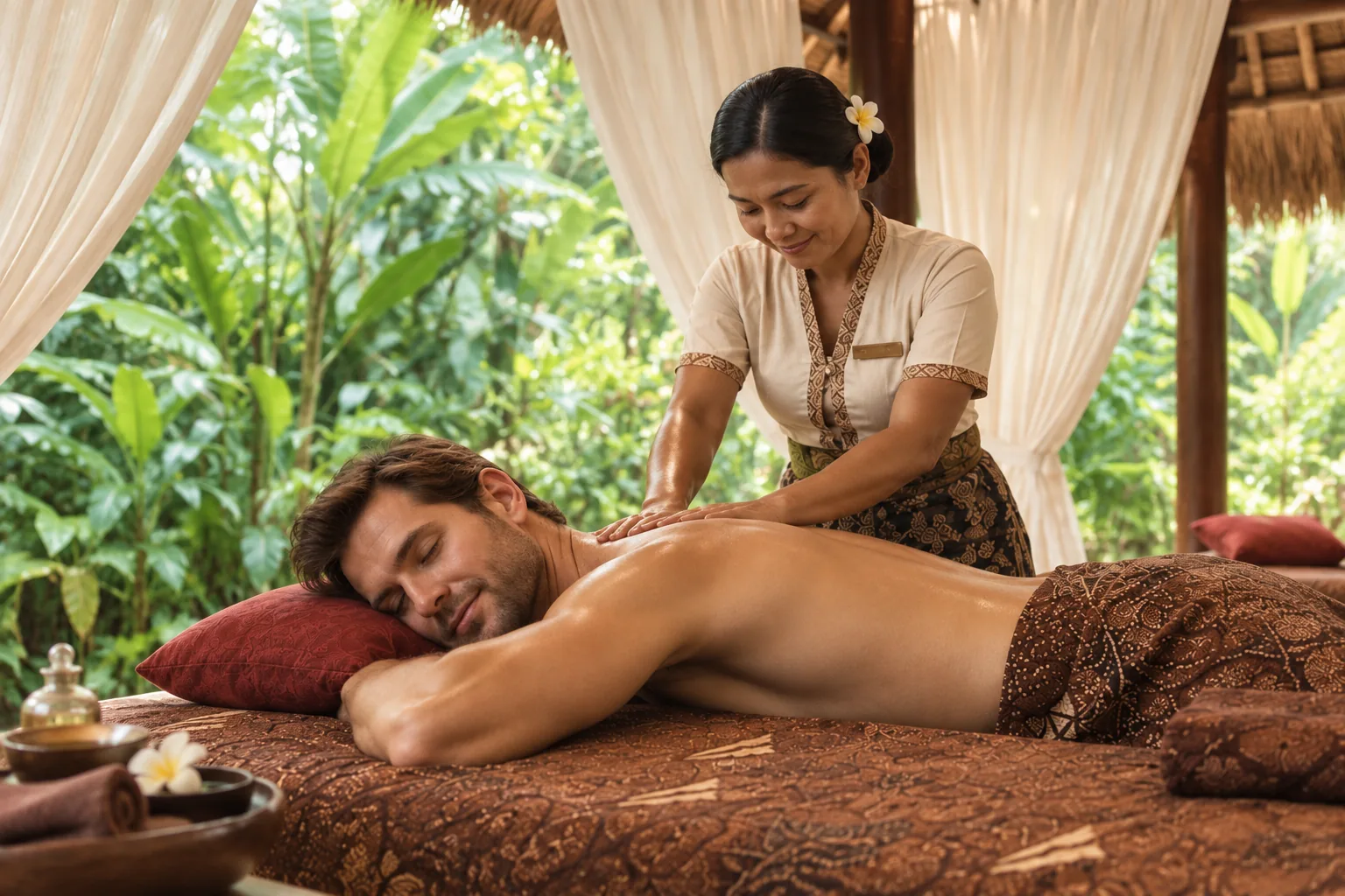 Balinese therapist giving a massage in an open-air room surrounded by tropical plants