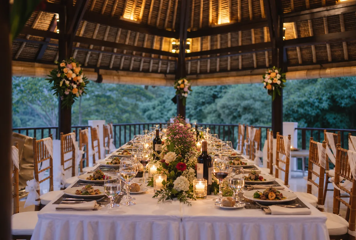 Long dining table set with flowers and candles beneath a timber pavilion at dusk