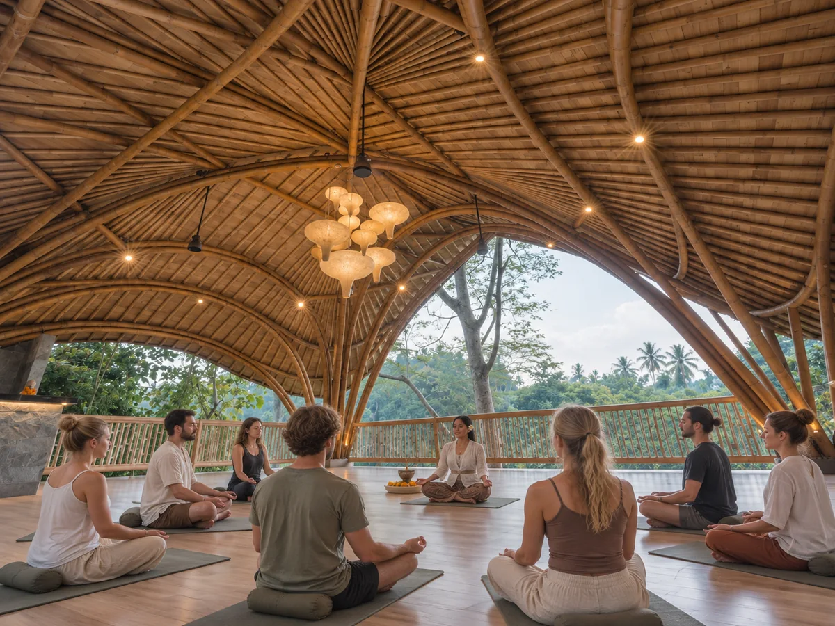 Small group seated in meditation inside a high bamboo pavilion in Ubud