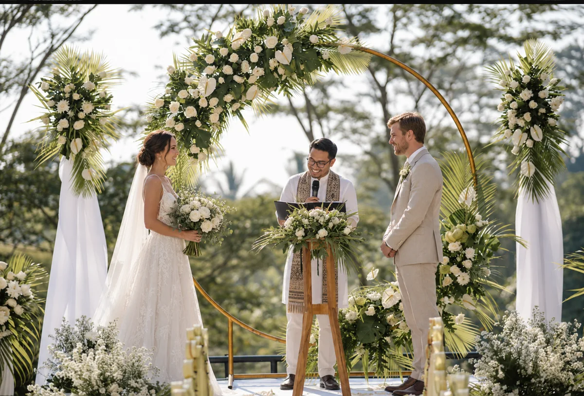 Couple standing beneath a circular flower arch during a garden ceremony in Ubud