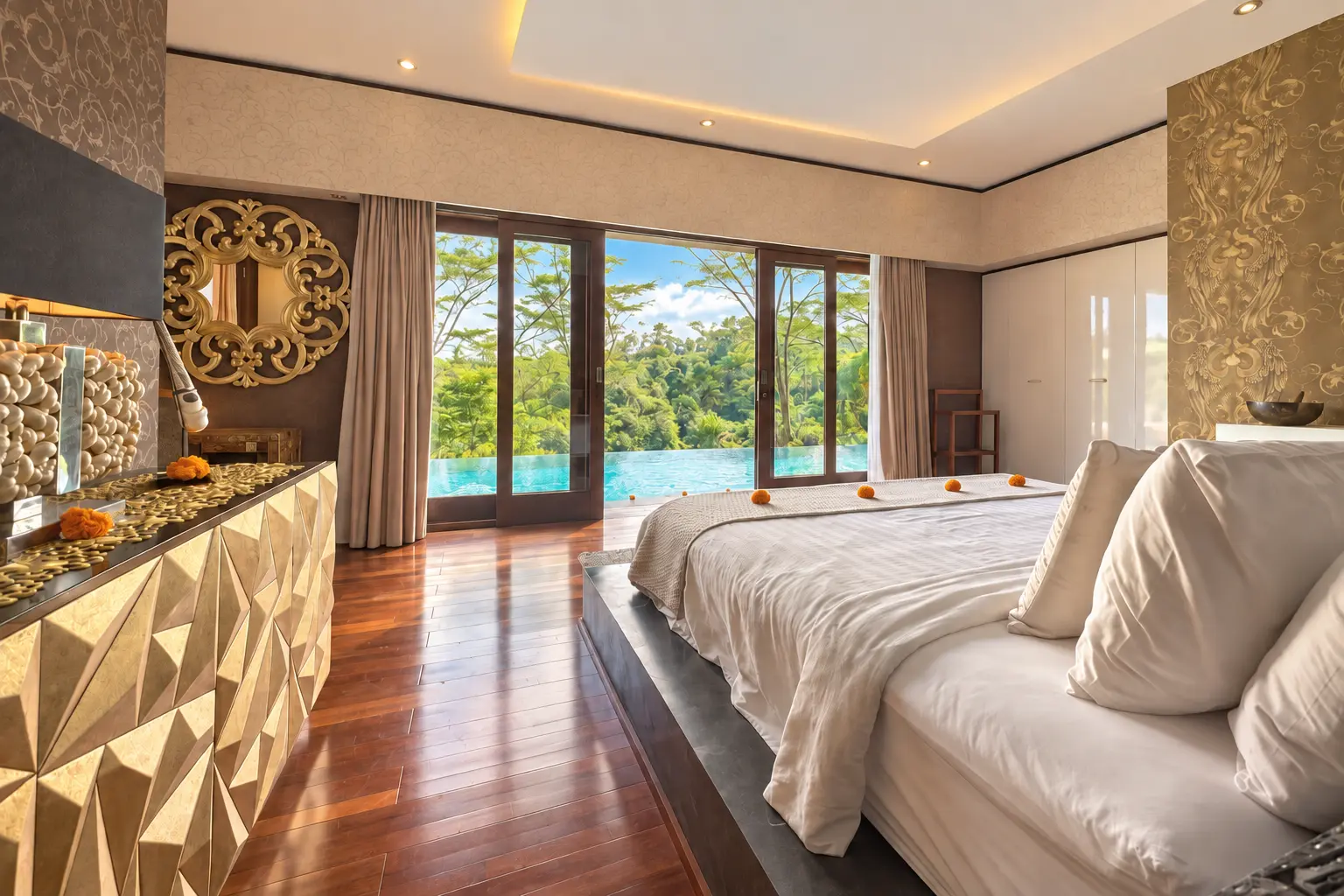 Golden Room at The Manipura Estate with gold decorative details, wooden flooring and glazed doors overlooking the pool