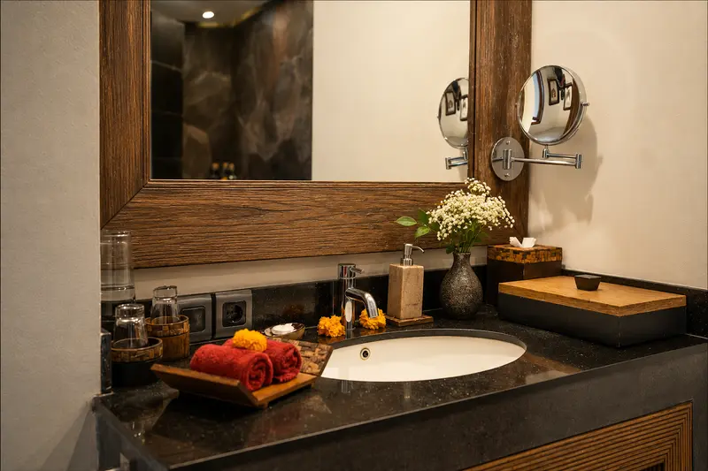 Golden Room washbasin beneath a timber-framed mirror, with a magnifying mirror and folded towels
