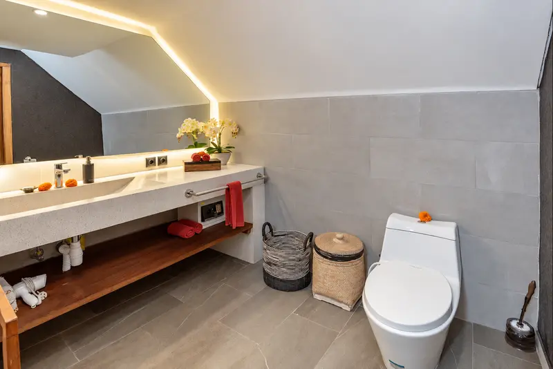Green Room 2 bathroom with a long washbasin counter, one toilet, open timber shelf and illuminated mirror