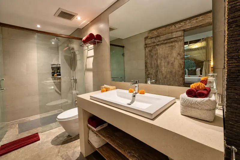 Red Room bathroom with a glass-enclosed walk-in shower, one toilet, wide washbasin and large mirror