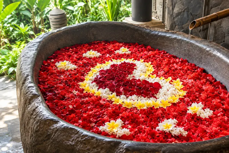 Close view of the Studio Room 1 stone bathtub filled with red and white flower petals beside tropical greenery