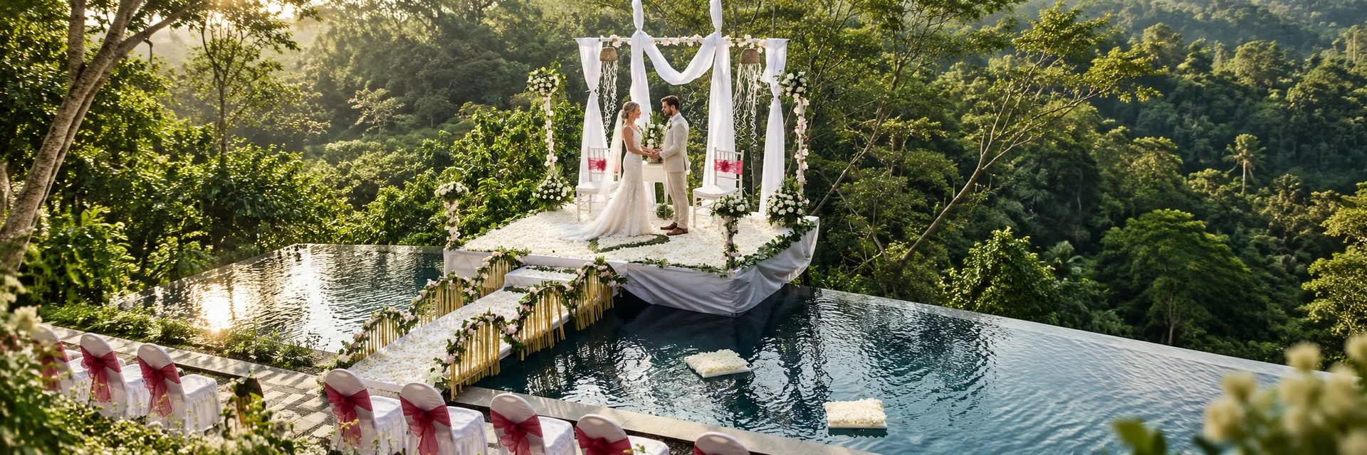 Couple beneath a white draped canopy above a pool with forest beyond